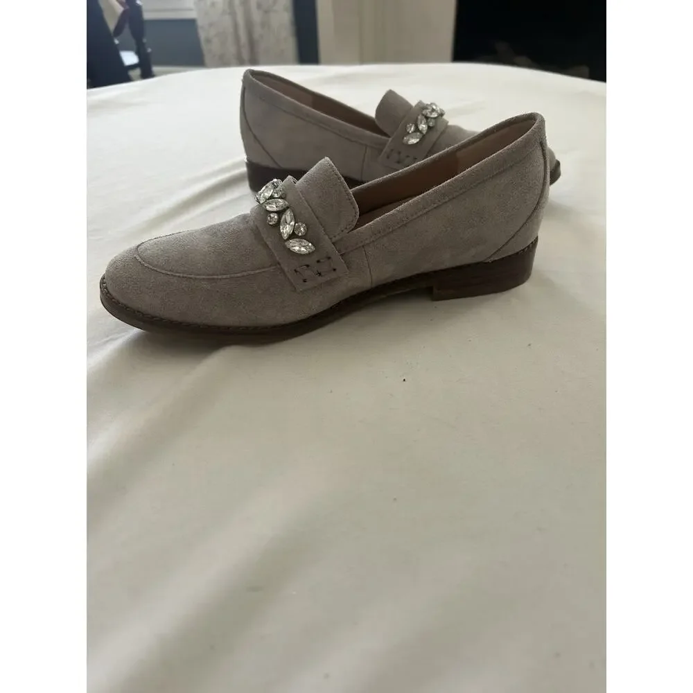 Vionic Avvy Suede Rhinestone Loafers Size 6 Light Gray Comfort Preppy